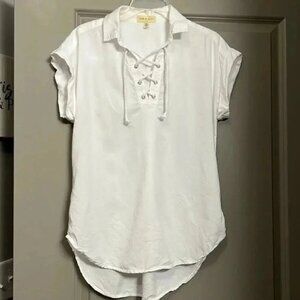 Cloth and Stone Anthropologie Lace Up White Short Sleeve Tunic Top